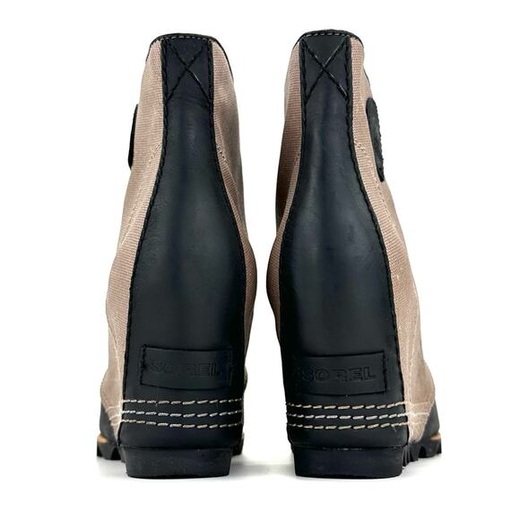 Sorel PDX Black/Tan Wedge Bootie Size 10 Leather/Canvas Waterproof Lace-Up New - Picture 12 of 15